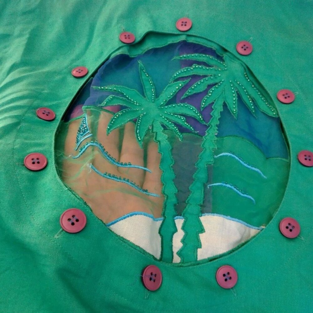 Bonnie Boerer Unlimited Blouse S Green Button Nautical Porthole Palm Tree Cruise - Picture 12 of 16